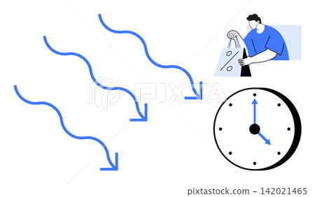 E-commerce, decision-making, time planning, consumer trends, daily habits, productivity. Person with shopping bag, arrows clock. E-commerce and time planning concept E-commerce, decision-making, time planning, consumer trends, daily habits, productivity. Person with shopping bag, arrows clock. E-commerce and time planning concept 142021465