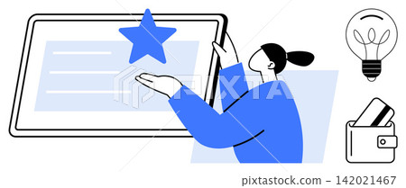 Business innovation, digital interaction, financial planning, creativity, technology, customer engagement. A person engaging with a digital tablet, star icon light bulb and wallet visuals. Business Business innovation, digital interaction, financial planning, creativity, technology, customer engagement. A person engaging with a digital tablet, star icon light bulb and wallet visuals. Business 142021467