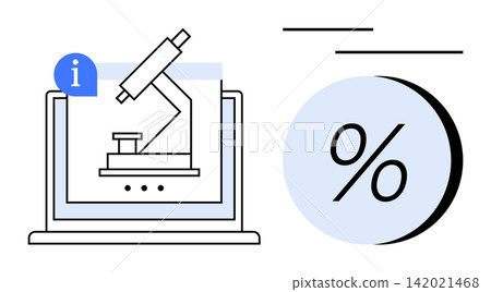 Scientific research, education tools, data analytics, information sharing, innovation, technology concepts. Microscope on a laptop with a percentage symbol. Research and data analytics concept Scientific research, education tools, data analytics, information sharing, innovation, technology concepts. Microscope on a laptop with a percentage symbol. Research and data analytics concept 142021468