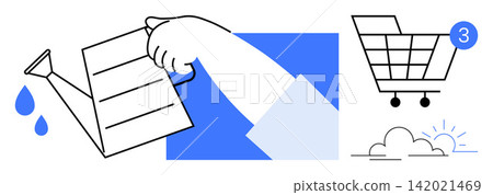 Online shopping, business development, growth strategies, customer engagement, digital tools, retail solutions. Hand watering plants, shopping cart with notification. E-commerce growth and business Online shopping, business development, growth strategies, customer engagement, digital tools, retail solutions. Hand watering plants, shopping cart with notification. E-commerce growth and business 142021469