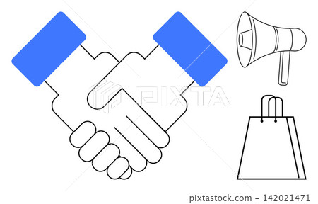 Business agreements, partnerships, marketing, e-commerce, collaboration, retail solutions. A handshake accompanied by a megaphone and shopping bag. Business agreements and marketing concept Business agreements, partnerships, marketing, e-commerce, collaboration, retail solutions. A handshake accompanied by a megaphone and shopping bag. Business agreements and marketing concept 142021471