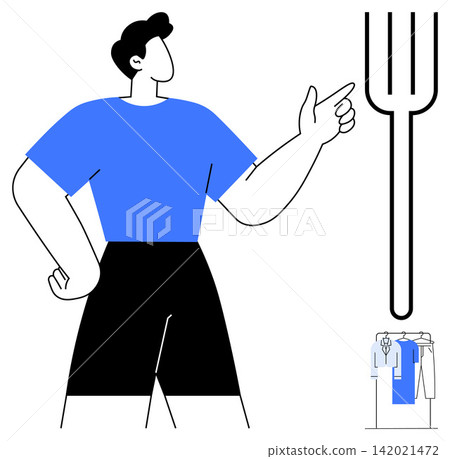 Decision making, food habits, minimalism, lifestyle choices, creativity, work-life dynamics. Person pointing at a giant fork next to a clothes rack. Decision making and food habits concept Decision making, food habits, minimalism, lifestyle choices, creativity, work-life dynamics. Person pointing at a giant fork next to a clothes rack. Decision making and food habits concept 142021472