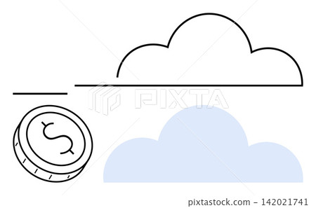 Financial technology, cloud computing, virtual assets, economy, digital storage, cloud services. A coin with a dollar symbol near abstract cloud shapes. Financial technology and cloud computing Financial technology, cloud computing, virtual assets, economy, digital storage, cloud services. A coin with a dollar symbol near abstract cloud shapes. Financial technology and cloud computing 142021741