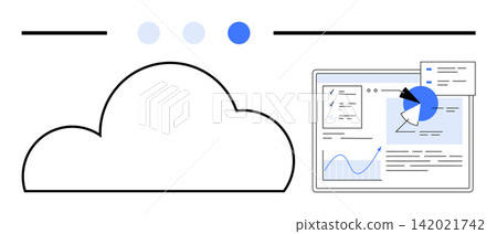 Technology, cloud storage, data analysis, digital platforms, IT services, business solutions. Cloud icon with interface showing charts and analytics. Technology and cloud storage concept Technology, cloud storage, data analysis, digital platforms, IT services, business solutions. Cloud icon with interface showing charts and analytics. Technology and cloud storage concept 142021742
