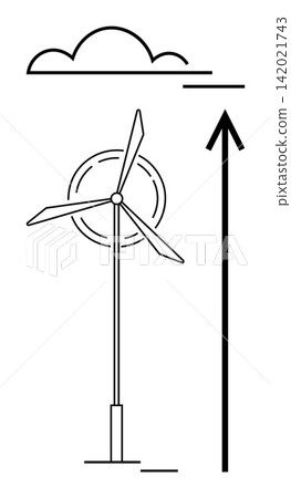 Renewable energy, sustainable development, environmental conservation, green energy, wind power, eco-technology. Wind turbine with upward arrow and cloud in minimal design. Renewable energy Renewable energy, sustainable development, environmental conservation, green energy, wind power, eco-technology. Wind turbine with upward arrow and cloud in minimal design. Renewable energy 142021743