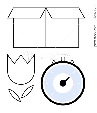E-commerce, shipping, nature, floral , time management, productivity. Features an open box, tulip and stopwatch. E-commerce and time management with clear graphics E-commerce, shipping, nature, floral , time management, productivity. Features an open box, tulip and stopwatch. E-commerce and time management with clear graphics 142021789