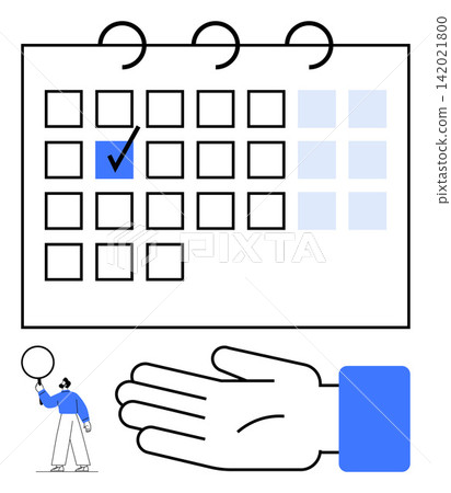 Scheduling, time management, organization, planning, productivity, efficiency. Calendar with a check mark and person holding balloon. Scheduling and time management concept Scheduling, time management, organization, planning, productivity, efficiency. Calendar with a check mark and person holding balloon. Scheduling and time management concept 142021800