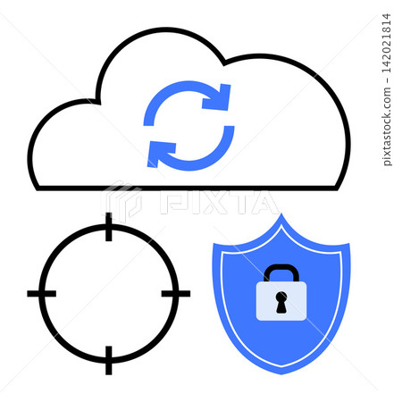Cybersecurity, cloud storage, data synchronization, data protection, system targeting, secure access. Cloud icon with sync arrows, shield with a lock and circular target. Cybersecurity and cloud Cybersecurity, cloud storage, data synchronization, data protection, system targeting, secure access. Cloud icon with sync arrows, shield with a lock and circular target. Cybersecurity and cloud 142021814