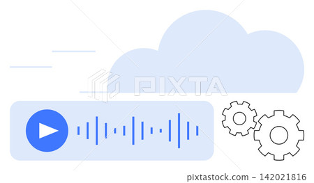 Audio streaming, cloud storage, technology integration, sound processing, digital tools, automation. Visual of cloud, soundwave play button and gears. Audio streaming and cloud storage Audio streaming, cloud storage, technology integration, sound processing, digital tools, automation. Visual of cloud, soundwave play button and gears. Audio streaming and cloud storage 142021816