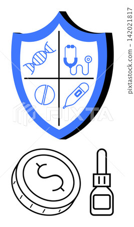 Healthcare, medical insurance, financial protection, pharmaceutical industry, preventive care, health security. Shield with DNA, pills thermometer stethoscope coin and medicine bottle. Healthcare 142021817
