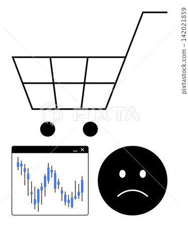 E-commerce, loss, finance, economy, business impact, stock performance. Shopping cart, market chart with downward trend sad face icon. E-commerce and financial loss concept E-commerce, loss, finance, economy, business impact, stock performance. Shopping cart, market chart with downward trend sad face icon. E-commerce and financial loss concept 142021859