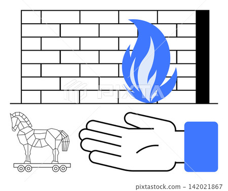 Cybersecurity, online safety, malware prevention, data protection, security systems, digital defense. A firewall, fire symbol hand gesture and Trojan horse in minimalist style. Cybersecurity Cybersecurity, online safety, malware prevention, data protection, security systems, digital defense. A firewall, fire symbol hand gesture and Trojan horse in minimalist style. Cybersecurity 142021867