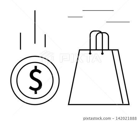 E-commerce, retail marketing, online transactions, sales, consumerism, financial exchange. Black and white design showing a shopping bag and a dollar coin. E-commerce and retail concepts E-commerce, retail marketing, online transactions, sales, consumerism, financial exchange. Black and white design showing a shopping bag and a dollar coin. E-commerce and retail concepts 142021888