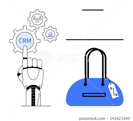 Artificial intelligence, retail technology, shopping automation, CRM solutions, ecommerce strategies, digital business. Robotic hand pointing to CRM gears. Artificial intelligence and retail Artificial intelligence, retail technology, shopping automation, CRM solutions, ecommerce strategies, digital business. Robotic hand pointing to CRM gears. Artificial intelligence and retail 142021890