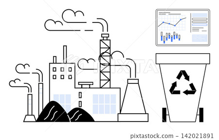 Environmental issues, sustainability practices, waste reduction strategies, pollution control, industry data, recycling. Factory emitting smoke, bar graph recycling bin. Sustainability and waste Environmental issues, sustainability practices, waste reduction strategies, pollution control, industry data, recycling. Factory emitting smoke, bar graph recycling bin. Sustainability and waste 142021891