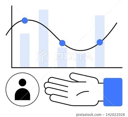Business strategies, data analytics, growth trends, teamwork, collaboration, user communication. Line graph with plot points, bar chart hand and user icon. Data analytics and business strategies Business strategies, data analytics, growth trends, teamwork, collaboration, user communication. Line graph with plot points, bar chart hand and user icon. Data analytics and business strategies 142022026