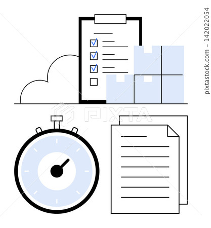 Task planning, time management, workflow optimization, productivity tools, supply chain, checklists. A checklist, stopwatch boxes and documents organization. Task planning and time management 142022054