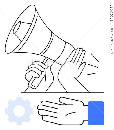 Misinformation, censorship, communication management, public discourse, media control, system operations. Hands stopping a megaphone and gear symbol. Misinformation and communication management Misinformation, censorship, communication management, public discourse, media control, system operations. Hands stopping a megaphone and gear symbol. Misinformation and communication management 142022055