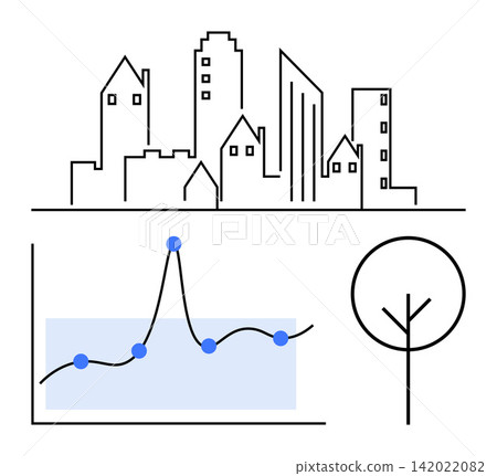 Business analysis, data insights, urban planning, environmental sustainability, economic trends, and city growth. A city skyline, graph with data points and a tree icon. Urban planning and data Business analysis, data insights, urban planning, environmental sustainability, economic trends, and city growth. A city skyline, graph with data points and a tree icon. Urban planning and data 142022082