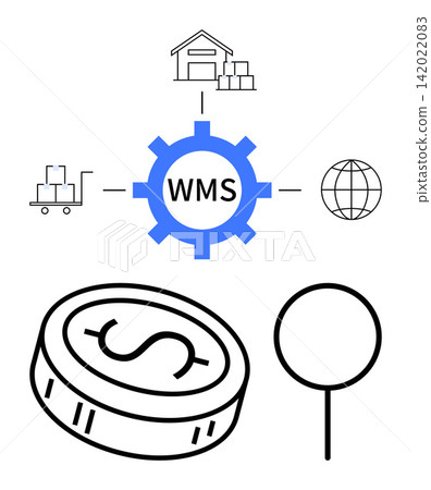 Logistics, supply chain, inventory management, financial tracking, global trade, operational process. Central WMS gear links warehouse, products coin and globe. Logistics and supply chain concepts Logistics, supply chain, inventory management, financial tracking, global trade, operational process. Central WMS gear links warehouse, products coin and globe. Logistics and supply chain concepts 142022083
