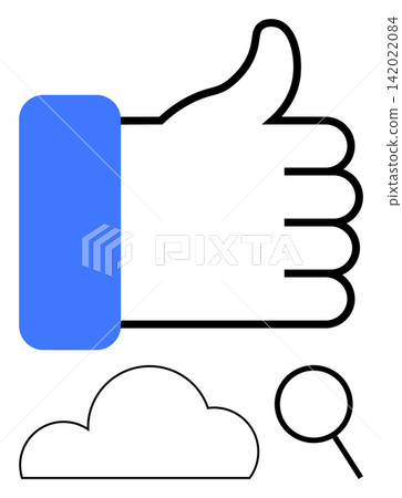 Social media, internet trends, data search, approval systems, cloud computing, digital engagement. Bold thumb up gesture, cloud and magnifying glass symbols. Approval systems and data search concept Social media, internet trends, data search, approval systems, cloud computing, digital engagement. Bold thumb up gesture, cloud and magnifying glass symbols. Approval systems and data search concept 142022084
