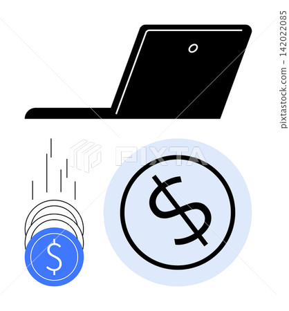 E-commerce, digital payments, financial transactions, online shopping, banking apps, economic concepts. A laptop, dollar coins and a currency sign. E-commerce and digital payments concept E-commerce, digital payments, financial transactions, online shopping, banking apps, economic concepts. A laptop, dollar coins and a currency sign. E-commerce and digital payments concept 142022085