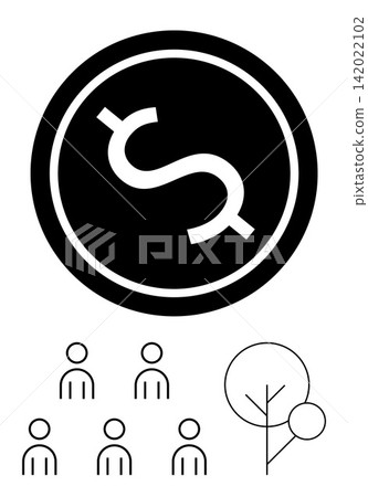 Finance, economy, community, sustainability, growth, income distribution. Black dollar symbol in a circle, simplistic individuals and a tree outline. Finance and economy concepts 142022102