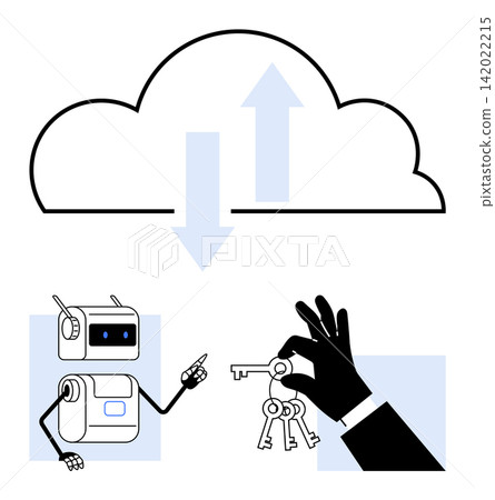 Cloud technology, data protection, cybersecurity, artificial intelligence, key management, secure access. Robot pointing at keys and hand holding keys with cloud above. Cybersecurity and cloud Cloud technology, data protection, cybersecurity, artificial intelligence, key management, secure access. Robot pointing at keys and hand holding keys with cloud above. Cybersecurity and cloud 142022215