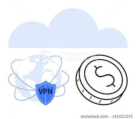 Online security, cloud storage, data privacy, VPN technology, financial systems, and secure transactions. Cloud icon with VPN shield, globe and coin symbol. Online security and cloud storage concept Online security, cloud storage, data privacy, VPN technology, financial systems, and secure transactions. Cloud icon with VPN shield, globe and coin symbol. Online security and cloud storage concept 142022355