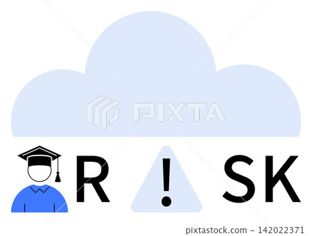 Data security, education, online storage, IT risk, warning icons, system safety. Cloud icon above graduate figure, letters spelling risk and alert symbol. Data security and education Data security, education, online storage, IT risk, warning icons, system safety. Cloud icon above graduate figure, letters spelling risk and alert symbol. Data security and education 142022371