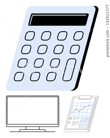 Financial planning, data visualization, technology, office work, business strategy, education. Calculator with numbered buttons, a computer monitor and a chart on a tablet. Financial planning Financial planning, data visualization, technology, office work, business strategy, education. Calculator with numbered buttons, a computer monitor and a chart on a tablet. Financial planning 142022377