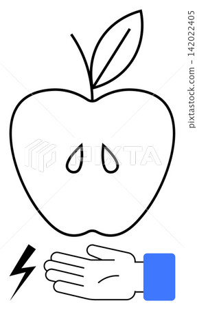 Sustainability, healthy eating, food security, environmental impact, emotions, nutrition concepts. Apple with teardrop elements, hand and lightning bolt. Sustainability and healthy eating Sustainability, healthy eating, food security, environmental impact, emotions, nutrition concepts. Apple with teardrop elements, hand and lightning bolt. Sustainability and healthy eating 142022405