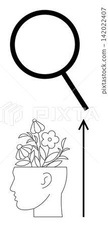 Creativity, personal growth, mental clarity, exploration, human potential, self-discovery. A magnifying glass above a head with blooming flowers. Creativity and personal growth visualization Creativity, personal growth, mental clarity, exploration, human potential, self-discovery. A magnifying glass above a head with blooming flowers. Creativity and personal growth visualization 142022407