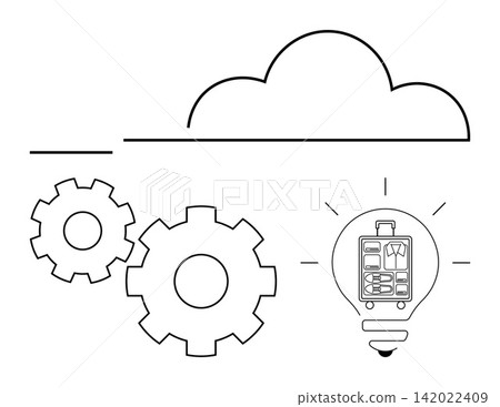 Cloud technology, digital innovation, e-commerce, online shopping, business solutions, creative processes. Gears, cloud and lightbulb with a shopping cart inside. Cloud technology and digital Cloud technology, digital innovation, e-commerce, online shopping, business solutions, creative processes. Gears, cloud and lightbulb with a shopping cart inside. Cloud technology and digital 142022409