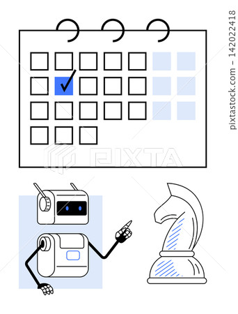 Artificial intelligence, strategic planning, decision making, task management, time optimization, competition. Robot pointing at chess knight near a calendar. Strategic planning and decision making Artificial intelligence, strategic planning, decision making, task management, time optimization, competition. Robot pointing at chess knight near a calendar. Strategic planning and decision making 142022418