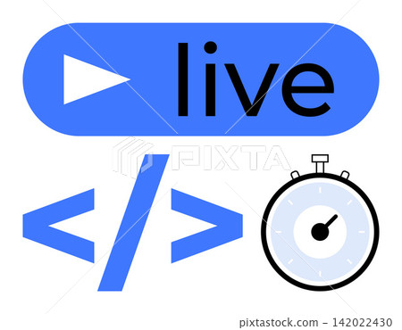 Live streaming, coding, time management, software development, digital tools, online applications. Play button with live text, coding brackets and a stopwatch. Live streaming and coding Live streaming, coding, time management, software development, digital tools, online applications. Play button with live text, coding brackets and a stopwatch. Live streaming and coding 142022430