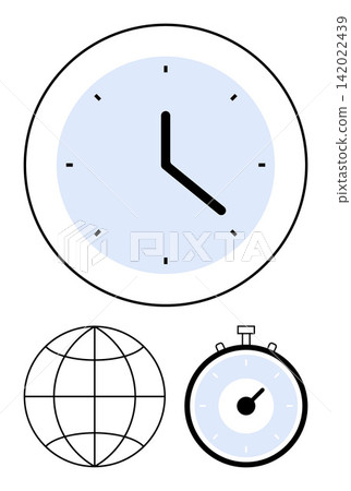 Time management, global connectivity, punctuality, measurement, scheduling, efficiency. Clock, stopwatch and globe icons with minimal design. Time management and global connectivity concepts Time management, global connectivity, punctuality, measurement, scheduling, efficiency. Clock, stopwatch and globe icons with minimal design. Time management and global connectivity concepts 142022439