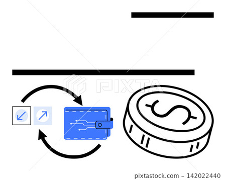 Cryptocurrency, financial exchange, fintech, blockchain, e-commerce, digital payment. Blue wallet, coin and exchange arrows on a white background. Cryptocurrency and financial exchange concept 142022440