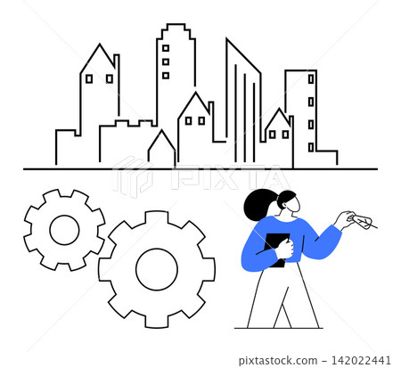 Urban planning, engineering, smart cities, teamwork, innovation, business solutions. A city skyline with gears and a figure holding tools. Urban planning and engineering teamwork concept Urban planning, engineering, smart cities, teamwork, innovation, business solutions. A city skyline with gears and a figure holding tools. Urban planning and engineering teamwork concept 142022441