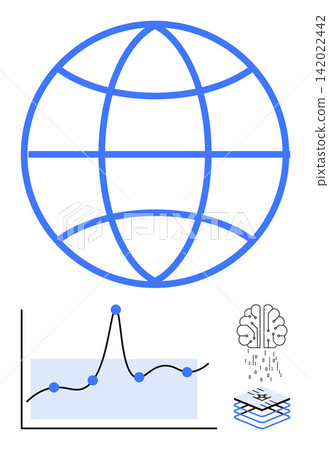 Data analytics, artificial intelligence, global connectivity, machine learning, technology trends, innovation. Globe symbol with a graph and brain over a tech layer. Data analytics and AI concept 142022442