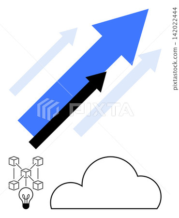 Business growth, innovation, cloud technology, blockchain networks, data-driven solutions, upward trends. Arrows pointing upward with cloud and blockchain elements. Growth and innovation 142022444