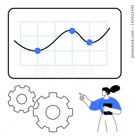 Data analytics, workflow improvement, business strategy, team collaboration, technology integration, innovation. Graph with nodes, gears and a woman pointing. Data analytics and workflow concepts Data analytics, workflow improvement, business strategy, team collaboration, technology integration, innovation. Graph with nodes, gears and a woman pointing. Data analytics and workflow concepts 142022445