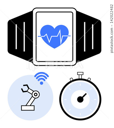 Fitness tracking, health monitoring, automation, IoT, time management, digital tools. Smartwatch heart monitor, robotic arm with wireless signal stopwatch graphic. Fitness tracking and health Fitness tracking, health monitoring, automation, IoT, time management, digital tools. Smartwatch heart monitor, robotic arm with wireless signal stopwatch graphic. Fitness tracking and health 142022482