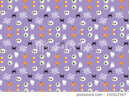 Halloween hand-drawn pattern with purple background (ghosts, skeletons, spiders) 142022567