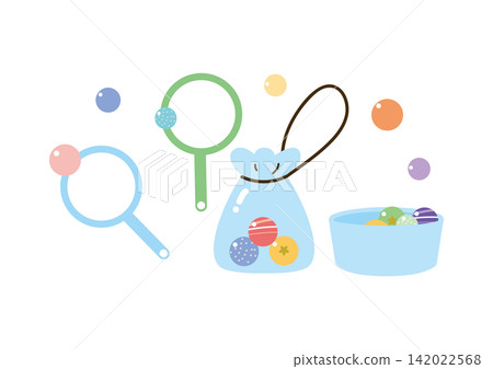 Superballs scooped up in a bag, with a net, image of a superball scooping game. Superballs scooped up in a bag, with a net, image of a superball scooping game. 142022568
