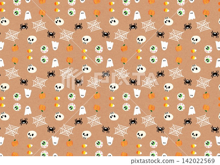 Hand-drawn Halloween pattern on a brown background (ghosts, skeletons, spiders) 142022569