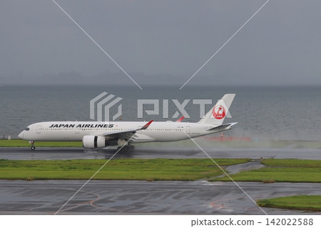 A passenger plane lands on a rainy runway, producing a plume of water from the engine's reverse thrust. A passenger plane lands on a rainy runway, producing a plume of water from the engine's reverse thrust. 142022588