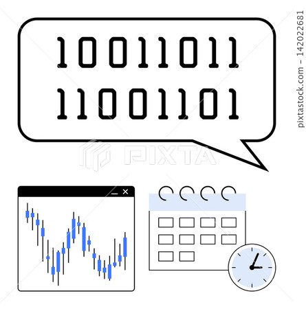 Data analysis, financial forecasting, digital communication, time management, technology, AI concept. Binary code in speech bubble with chart, calendar and clock. Data analysis and financial Data analysis, financial forecasting, digital communication, time management, technology, AI concept. Binary code in speech bubble with chart, calendar and clock. Data analysis and financial 142022681