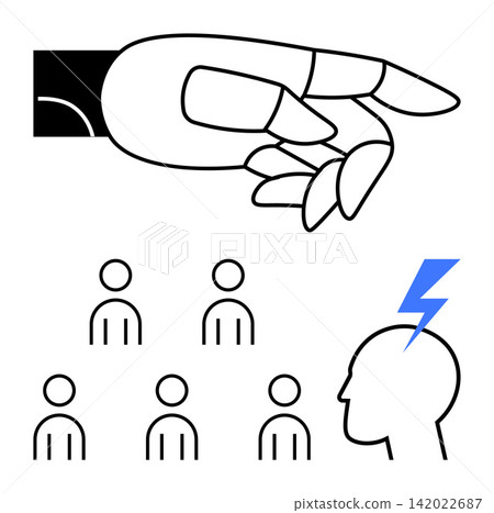 Artificial intelligence, decision-making, innovation, human cognition, influence, social dynamics. Robotic hand pointing at minimal human figures and a head with a lightning bolt. Artificial Artificial intelligence, decision-making, innovation, human cognition, influence, social dynamics. Robotic hand pointing at minimal human figures and a head with a lightning bolt. Artificial 142022687