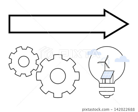 Renewable energy, innovation, sustainability, eco-friendly technology, progress, environmental solutions. Gears, light bulb with solar panel and wind turbine arrow forward. Renewable energy Renewable energy, innovation, sustainability, eco-friendly technology, progress, environmental solutions. Gears, light bulb with solar panel and wind turbine arrow forward. Renewable energy 142022688
